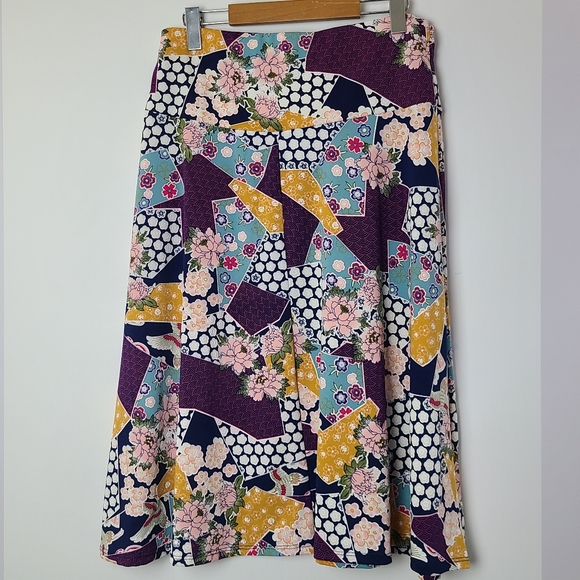 Ashley Blue Floral A-Line Midi Skirt | Wrinkle Free Elastic Waist Officewear |L - Picture 2 of 8